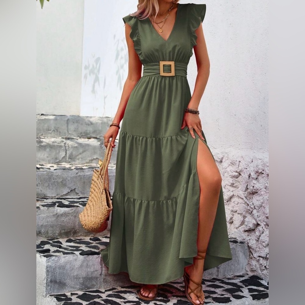 Women’s V-Neck Boho Faux Belt Olive Green Maxi Dress Summer Vacation Large